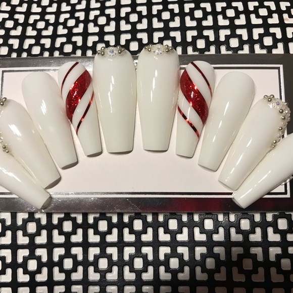 White Christmas candy-cane luxury acrylic gel press on nails any shape n length - Picture 2 of 6